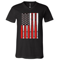 Vintage American Flag Baseball Dad 4th of July V-Neck T-Shirt