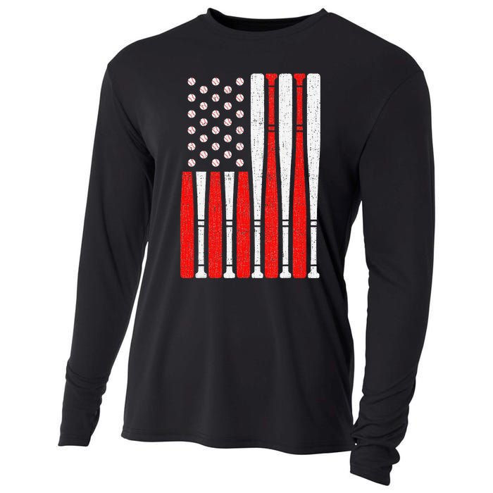 Vintage American Flag Baseball Dad 4th of July Cooling Performance Long Sleeve Crew