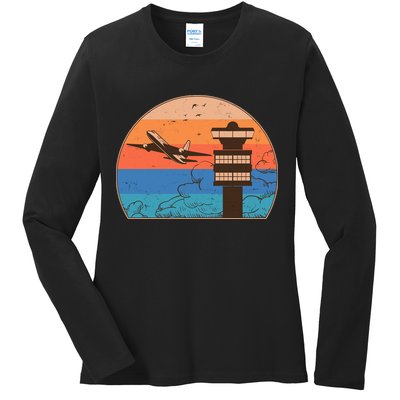 Vintage Airplane Flight Controller Tower Ladies Long Sleeve Shirt