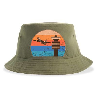 Vintage Airplane Flight Controller Tower Sustainable Bucket Hat