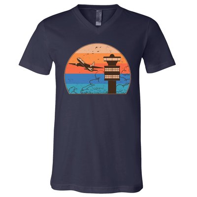 Vintage Airplane Flight Controller Tower V-Neck T-Shirt