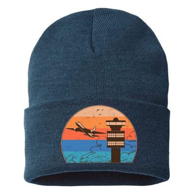 Vintage Airplane Flight Controller Tower Sustainable Knit Beanie