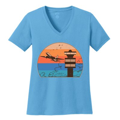 Vintage Airplane Flight Controller Tower Women's V-Neck T-Shirt
