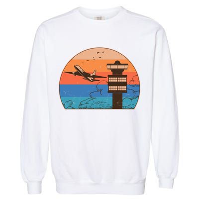 Vintage Airplane Flight Controller Tower Garment-Dyed Sweatshirt