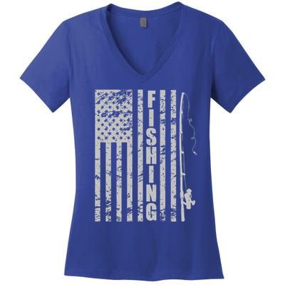 Vintage American Fishing Flag Pole USA Women's V-Neck T-Shirt