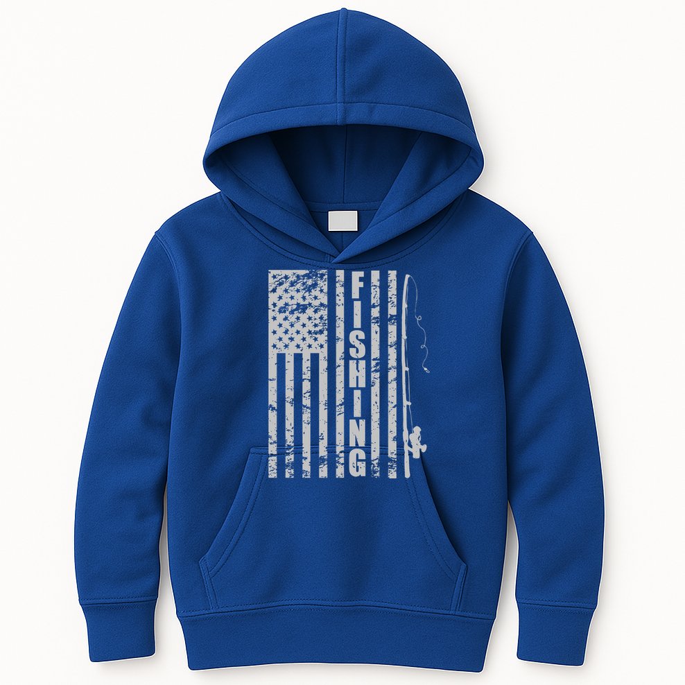 Vintage American Fishing Flag Pole USA Kids Hoodie