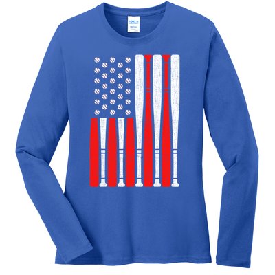 Vintage American Flag Baseball Dad 4th Of July Meaningful Gift Ladies Long Sleeve Shirt