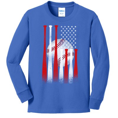 Vintage American Flag Baseball Cool Gift Baseball Fans Gift Kids Long Sleeve Shirt