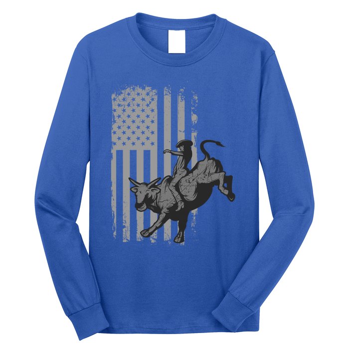 Vintage American Flag Bucking Bull Riding Patriotism Rodeo Gift Long Sleeve Shirt