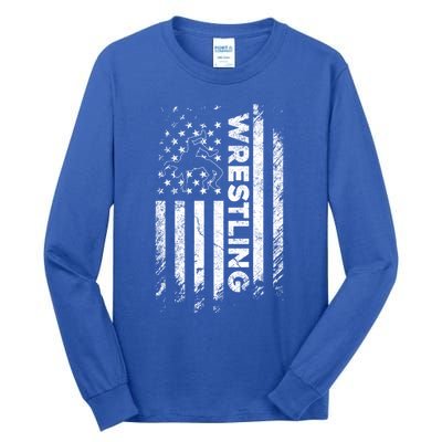 Vintage American Flag Wrestling Patriotic Wrestler Gift Tall Long Sleeve T-Shirt