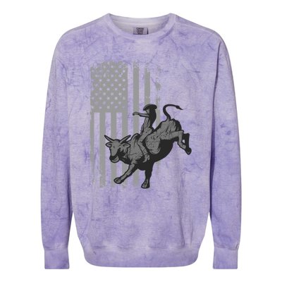 Vintage American Flag Bucking Bull Riding Patriotism Rodeo Funny Gift Colorblast Crewneck Sweatshirt