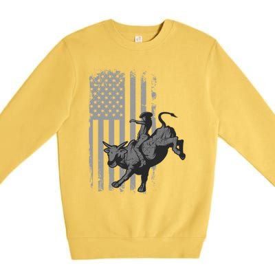 Vintage American Flag Bucking Bull Riding Patriotism Rodeo Funny Gift Premium Crewneck Sweatshirt