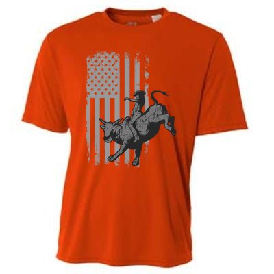 Vintage American Flag Bucking Bull Riding Patriotism Rodeo Funny Gift Cooling Performance Crew T-Shirt