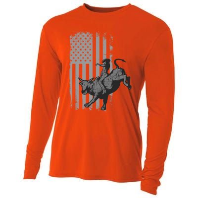 Vintage American Flag Bucking Bull Riding Patriotism Rodeo Funny Gift Cooling Performance Long Sleeve Crew