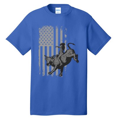 Vintage American Flag Bucking Bull Riding Patriotism Rodeo Funny Gift Tall T-Shirt