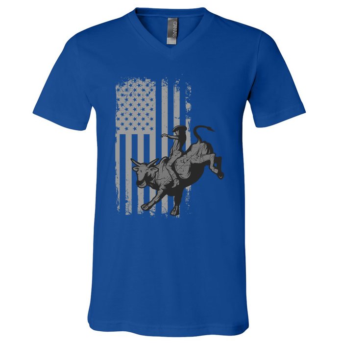 Vintage American Flag Bucking Bull Riding Patriotism Rodeo Funny Gift V-Neck T-Shirt