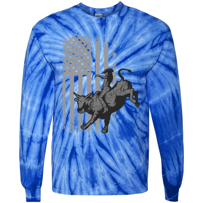 Vintage American Flag Bucking Bull Riding Patriotism Rodeo Funny Gift Tie-Dye Long Sleeve Shirt