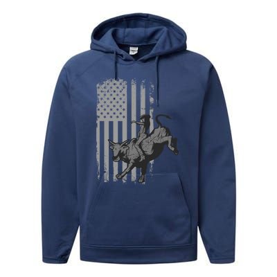 Vintage American Flag Bucking Bull Riding Patriotism Rodeo Funny Gift Performance Fleece Hoodie