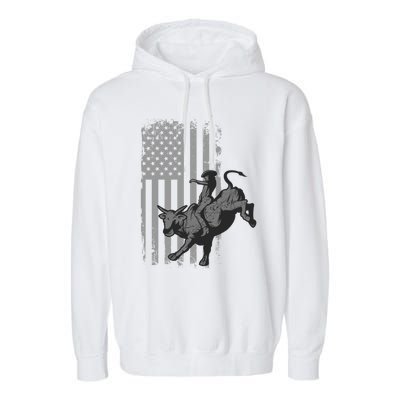 Vintage American Flag Bucking Bull Riding Patriotism Rodeo Funny Gift Garment-Dyed Fleece Hoodie