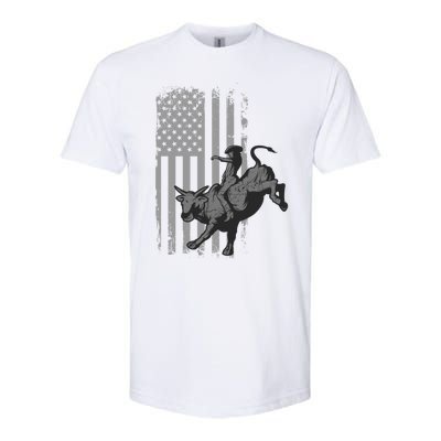 Vintage American Flag Bucking Bull Riding Patriotism Rodeo Funny Gift Softstyle CVC T-Shirt