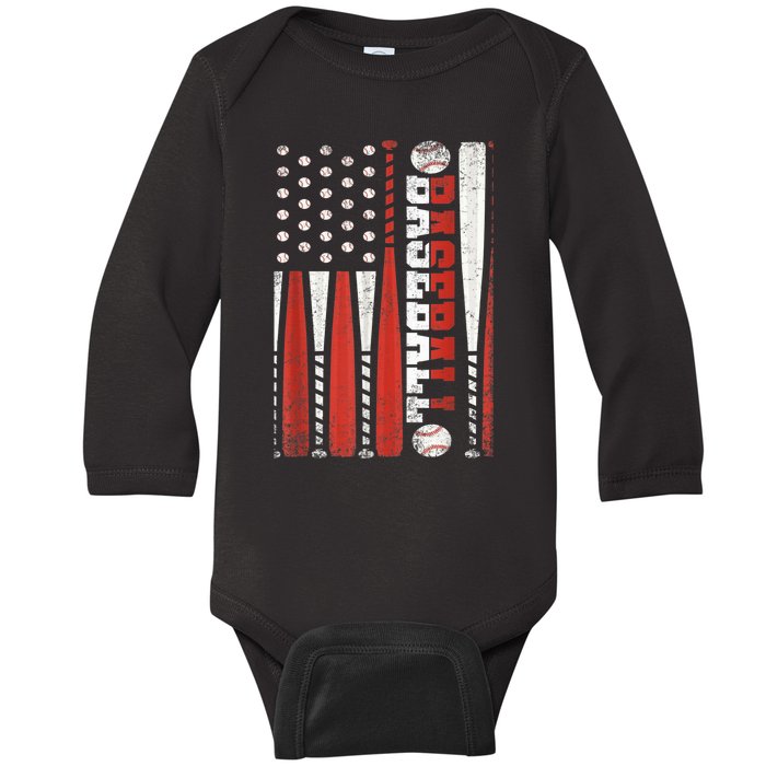 Vintage American Flag Baseball Team Gift  boy Teens Baby Long Sleeve Bodysuit