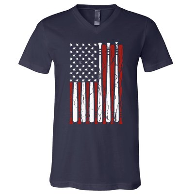 Vintage American Flag Baseball Boy Dad 4th July V-Neck T-Shirt