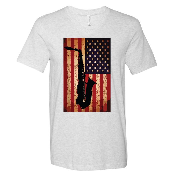 Vintage American Flag Saxophone Funny Sax Music Player Gifts V-Neck T-Shirt