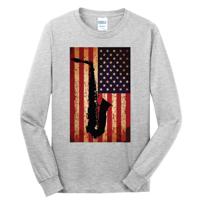 Vintage American Flag Saxophone Funny Sax Music Player Gifts Tall Long Sleeve T-Shirt