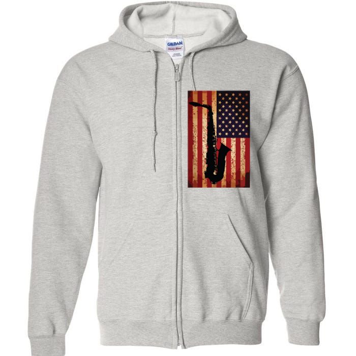 Vintage American Flag Saxophone Funny Sax Music Player Gifts Full Zip Hoodie