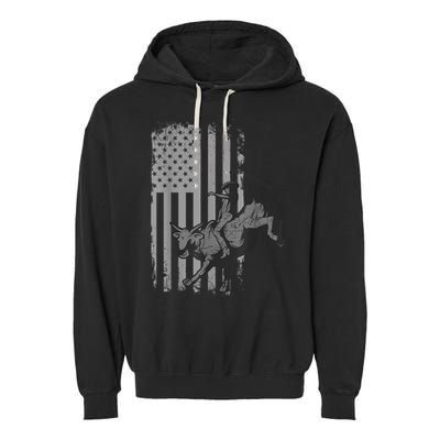 Vintage American Flag Bucking Bull Riding Patriotism Rodeo Garment-Dyed Fleece Hoodie