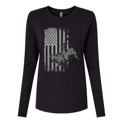 Vintage American Flag Bucking Bull Riding Patriotism Rodeo Womens Cotton Relaxed Long Sleeve T-Shirt