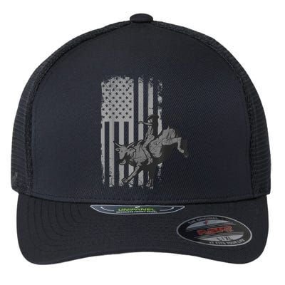 Vintage American Flag Bucking Bull Riding Patriotism Rodeo Flexfit Unipanel Trucker Cap