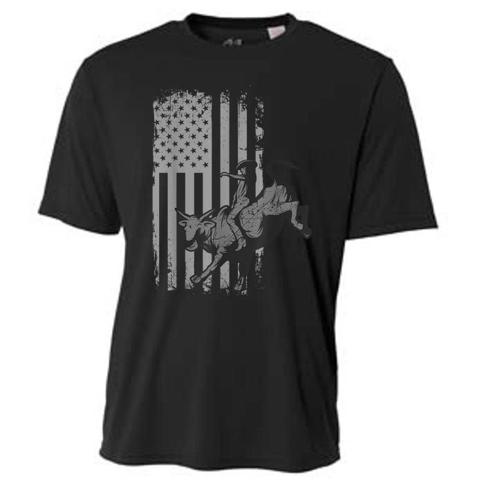 Vintage American Flag Bucking Bull Riding Patriotism Rodeo Cooling Performance Crew T-Shirt