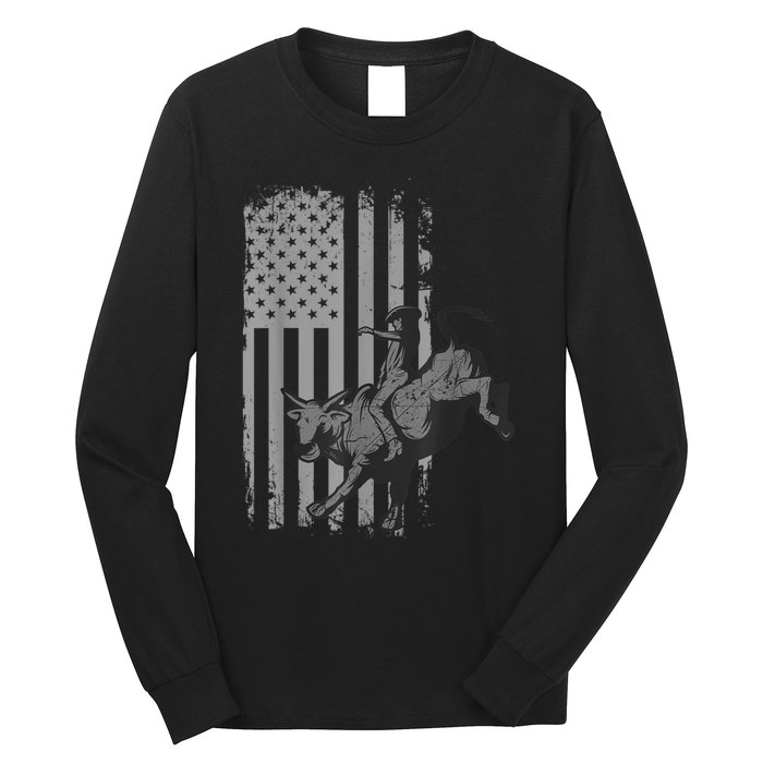 Vintage American Flag Bucking Bull Riding Patriotism Rodeo Long Sleeve Shirt