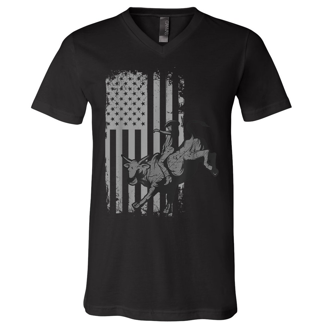 Vintage American Flag Bucking Bull Riding Patriotism Rodeo V-Neck T-Shirt