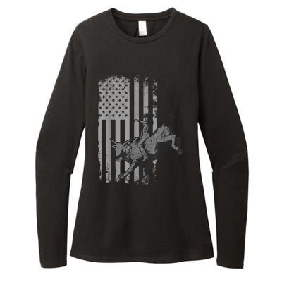 Vintage American Flag Bucking Bull Riding Patriotism Rodeo Womens CVC Long Sleeve Shirt