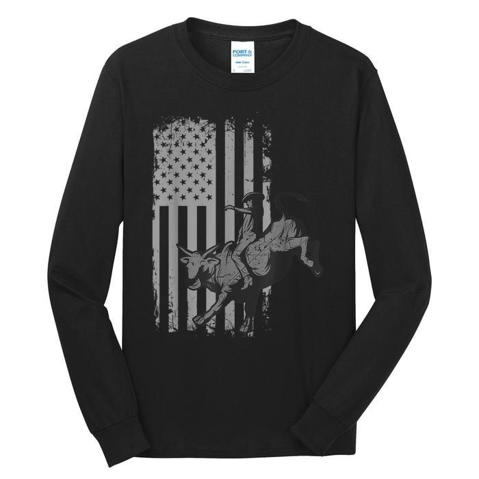 Vintage American Flag Bucking Bull Riding Patriotism Rodeo Tall Long Sleeve T-Shirt