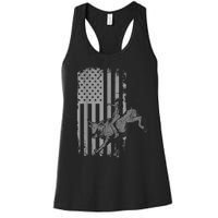 Vintage American Flag Bucking Bull Riding Patriotism Rodeo Women's Racerback Tank