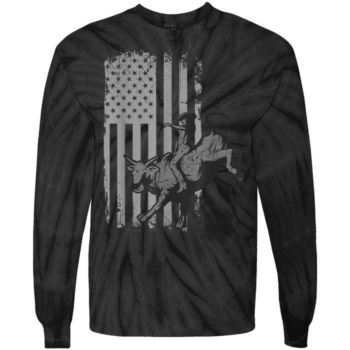 Vintage American Flag Bucking Bull Riding Patriotism Rodeo Tie-Dye Long Sleeve Shirt