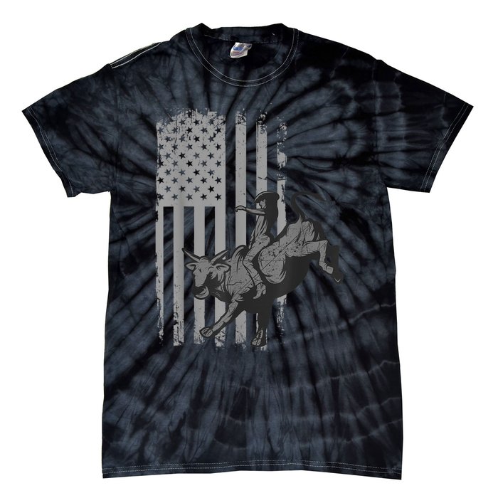 Vintage American Flag Bucking Bull Riding Patriotism Rodeo Tie-Dye T-Shirt