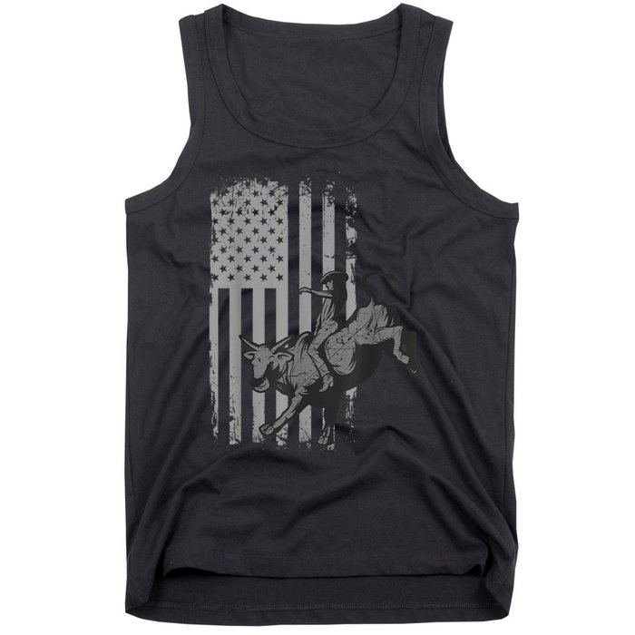 Vintage American Flag Bucking Bull Riding Patriotism Rodeo Tank Top