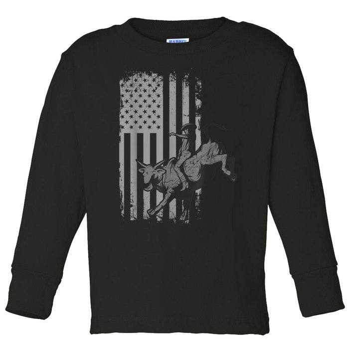 Vintage American Flag Bucking Bull Riding Patriotism Rodeo Toddler Long Sleeve Shirt