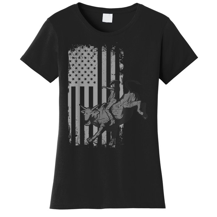 Vintage American Flag Bucking Bull Riding Patriotism Rodeo Women's T-Shirt