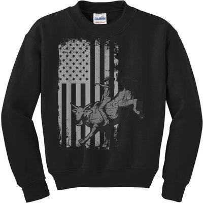 Vintage American Flag Bucking Bull Riding Patriotism Rodeo Kids Sweatshirt