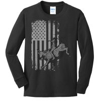 Vintage American Flag Bucking Bull Riding Patriotism Rodeo Kids Long Sleeve Shirt