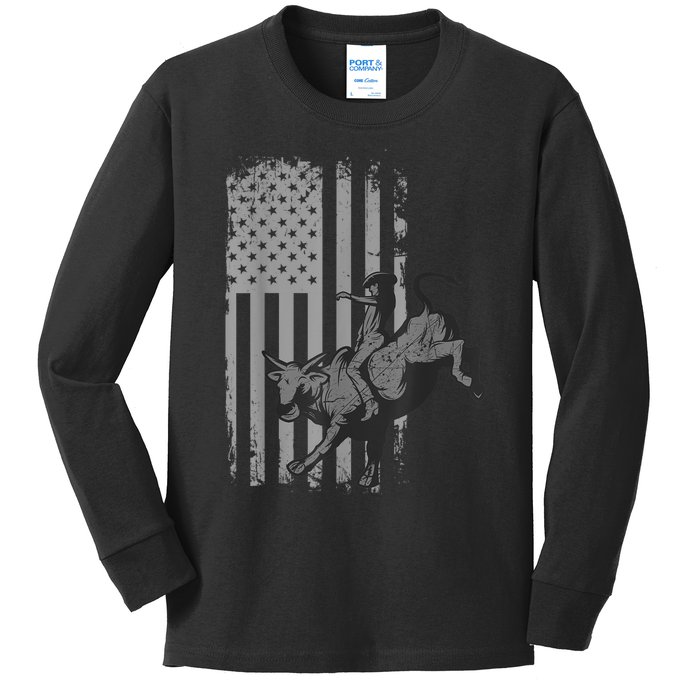 Vintage American Flag Bucking Bull Riding Patriotism Rodeo Kids Long Sleeve Shirt