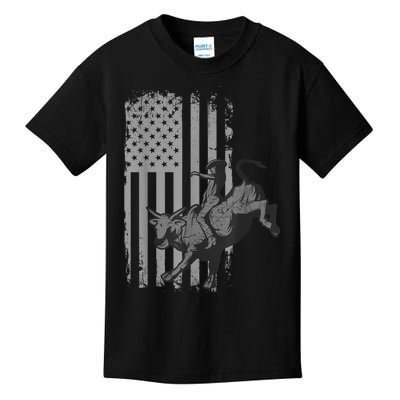 Vintage American Flag Bucking Bull Riding Patriotism Rodeo Kids T-Shirt