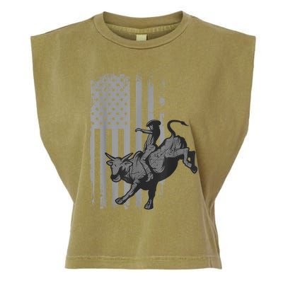 Vintage American Flag Bucking Bull Riding Patriotism Rodeo Garment-Dyed Women's Muscle Tee