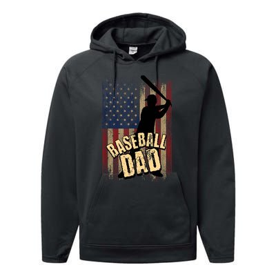 Vintage American Flag Baseball Dad Fathers Day Performance Fleece Hoodie