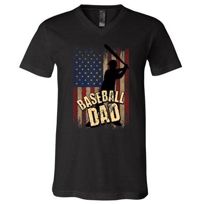 Vintage American Flag Baseball Dad Fathers Day V-Neck T-Shirt